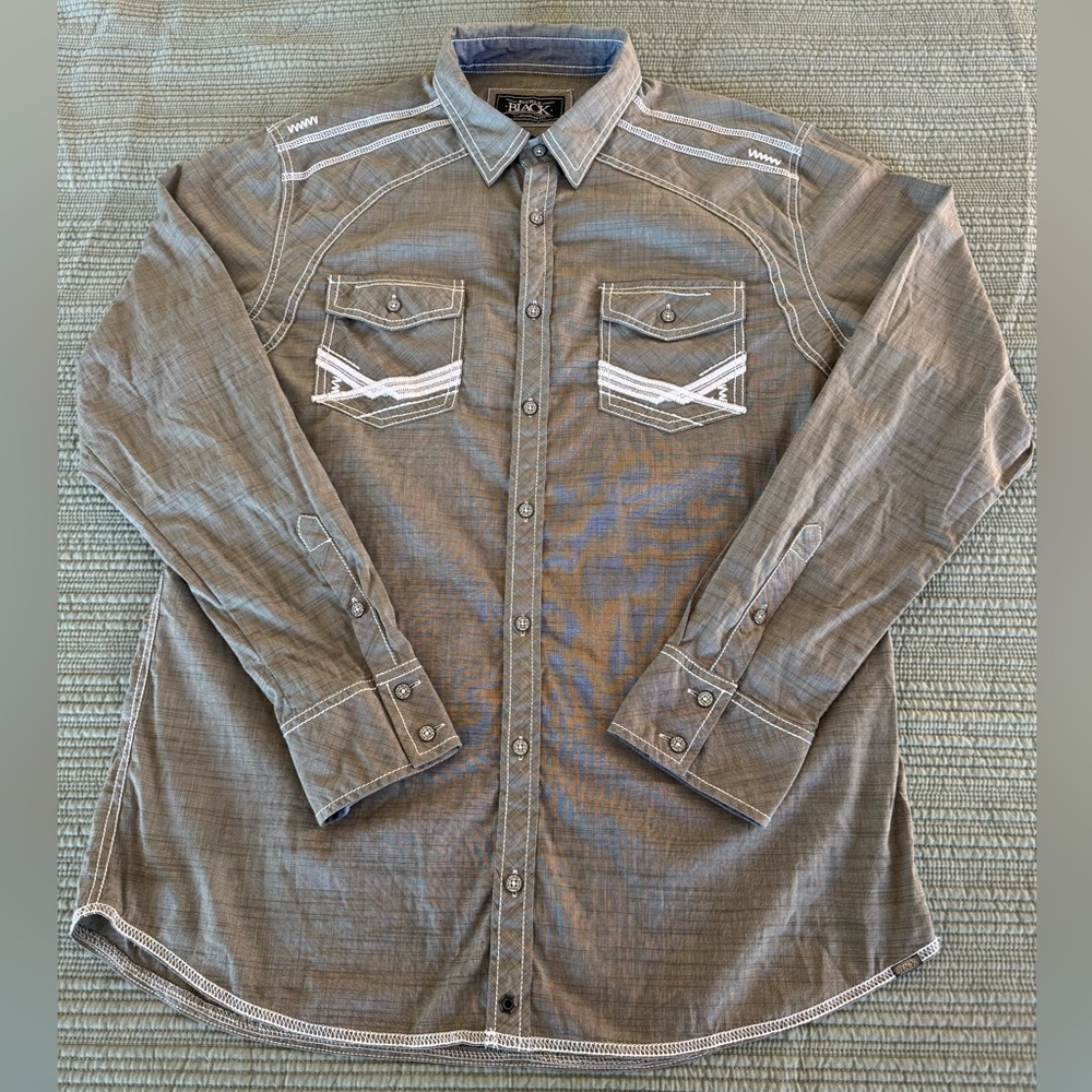 Buckle Black L Standard Fit Shirt Gray White Embroidered Long Sleeve Button BKE